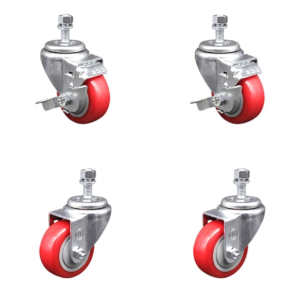 Service Caster 3.5 Inch SS Red Polyurethane Swivel 1/2 Inch Threaded Stem Caster Brakes, 2PK SSTS20S3514-PPUB-RED-TLB-121315-2-S2 - main